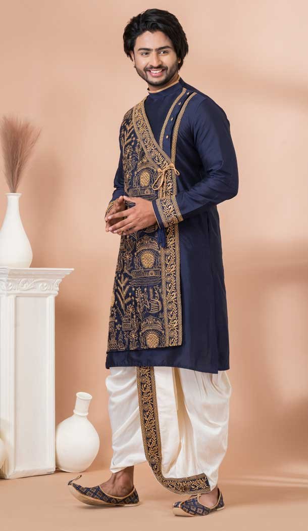 Navy Blue Viscose Embroidery Work Designer Men’s Wear Kurta -9020185280