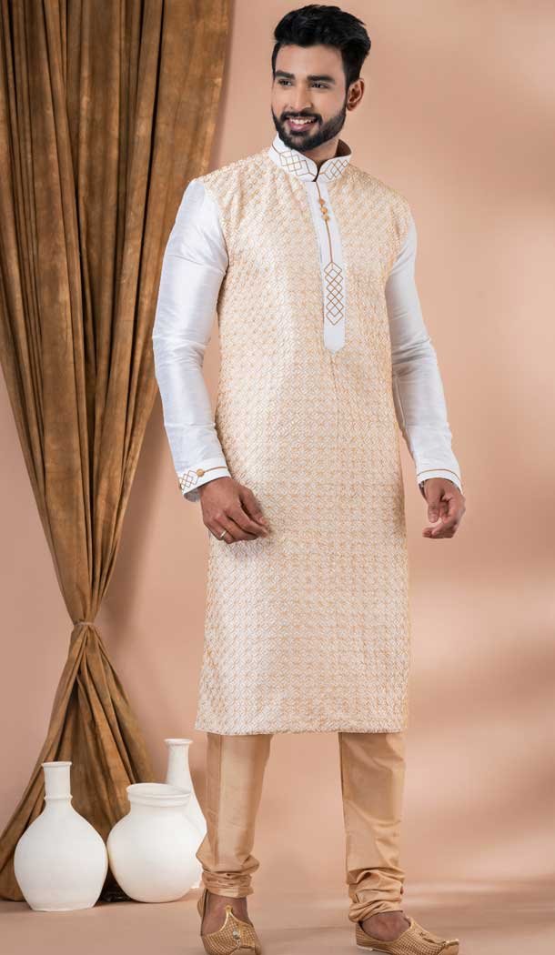 White Banarasi Dhupion Embroidery Work Designer Men’s Wear Kurta -9021185281