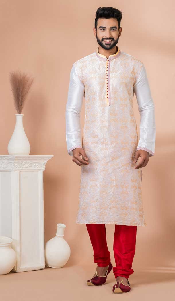 Banarasi Dhupion Embroidery Work Designer Men’s Wear Kurta in White -9021185282