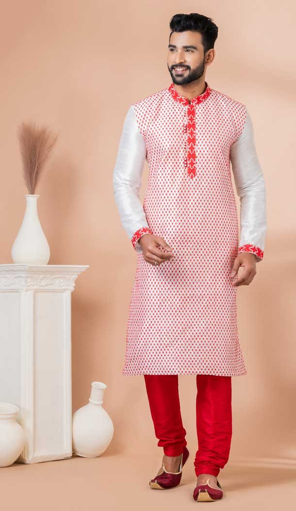 Banarasi Dhupion Embroidery Work White Color Designer Men’s Wear Kurta -9021185286