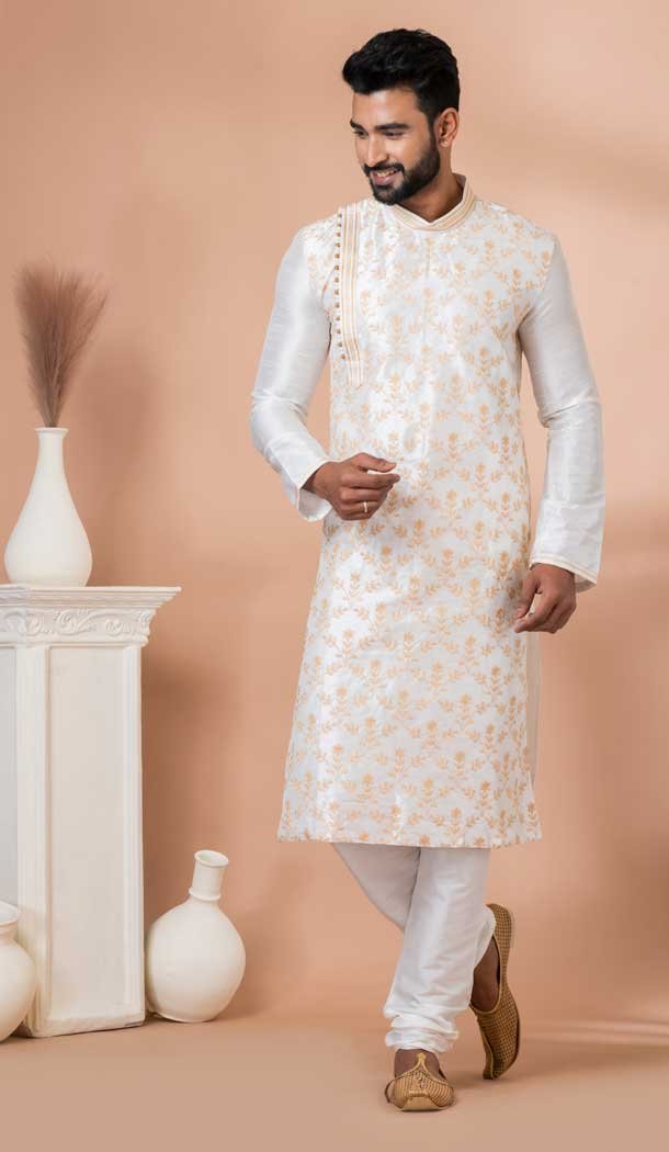 Embroidery Work Banarasi Dhupion White Color Designer Men’s Wear Kurta -9021185287