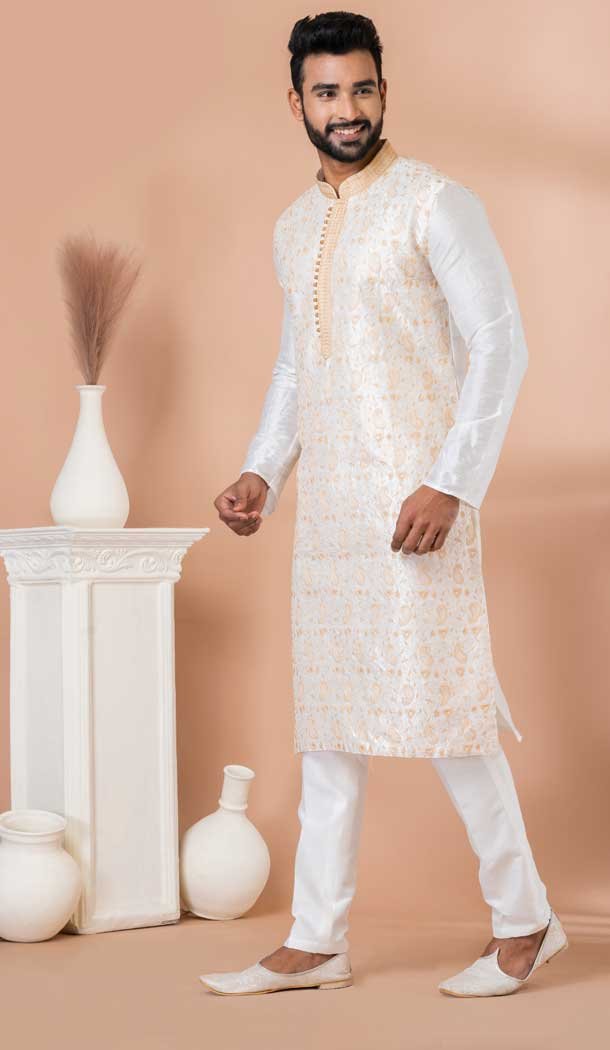 Embroidery Work Banarasi Dhupion Designer Men’s Wear Kurta in White -9021185288