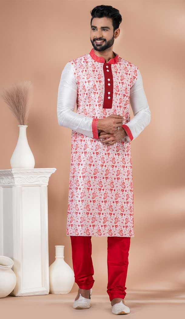 White Color Embroidery Work Banarasi Dhupion Designer Men’s Wear Kurta -9021185289