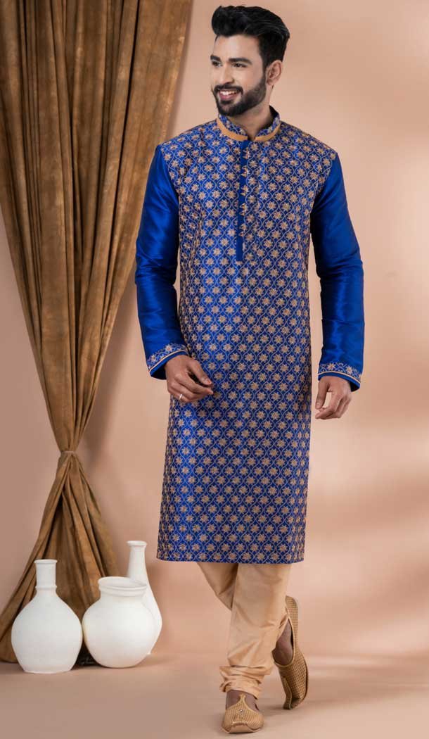 Embroidery Work Banarasi Dhupion Designer Men’s Wear Kurta in Blue -9021185290