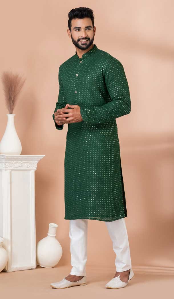 Embroidery Work Viscose Designer Men’s Wear Kurta in Green -9021185292