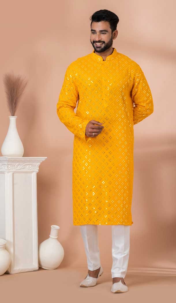 Embroidery Work Viscose Designer Men’s Wear Kurta in Yellow -9021185293