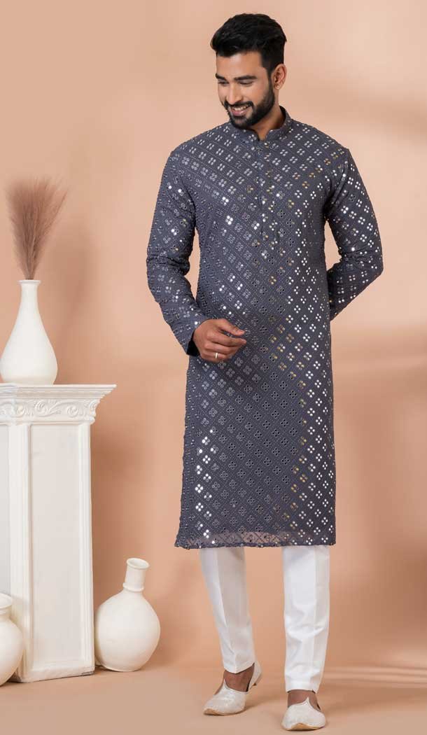 Embroidery Work Viscose Designer Men’s Wear Kurta in Grey -9021185294