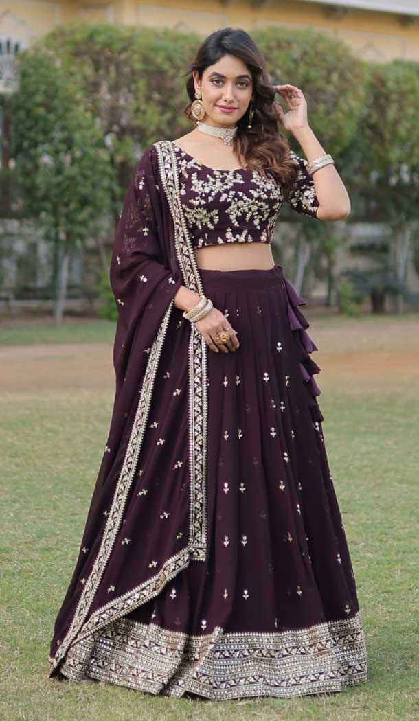 Faux Georgette Sequins Embroidery Work Lehenga Choli in Coffee -9028185350