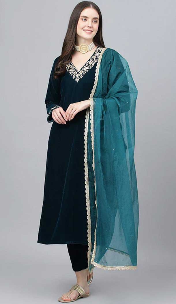 Velvet Embroidery Work Designer Heavy Readymade Salwar Suit in Teal Blue -9087185632