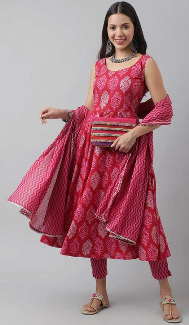 Cotton Block Print Work Party Wear Readymade Salwar Kameez in Magenta -9119185754