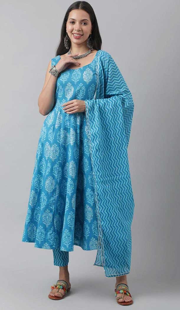 Cotton Block Print Work Party Wear Readymade Salwar Kameez in Turquoise Blue -9119185755