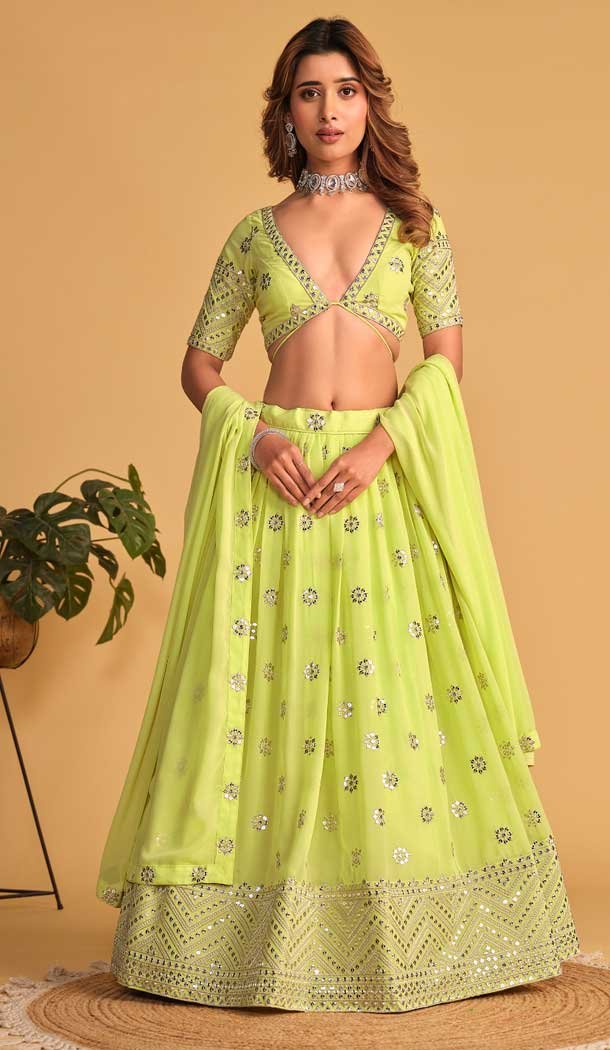 Georgette Embroidery Work Designer Wear Lehenga Choli in Neon Green -9125185816