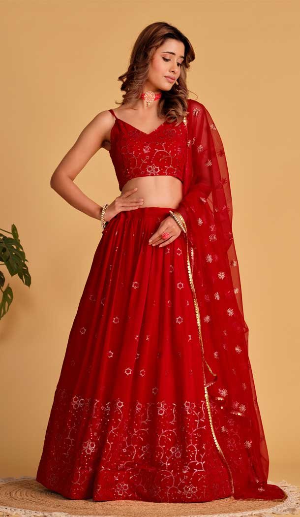 Red Georgette Embroidery Work Designer Wear Lehenga Choli -9125185819