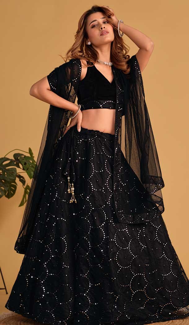 Black Organza Net Embroidery Work Designer Wear Lehenga Choli -9125185820