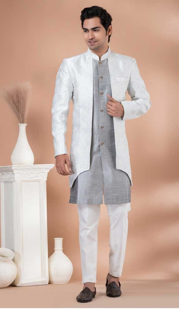 Jacquard Designer Indo Western for Men in Grey Color -9131185831