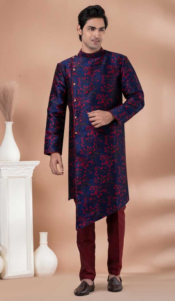 Jacquard Silk Designer Indo Western for Men in Navy Blue Color -9131185832