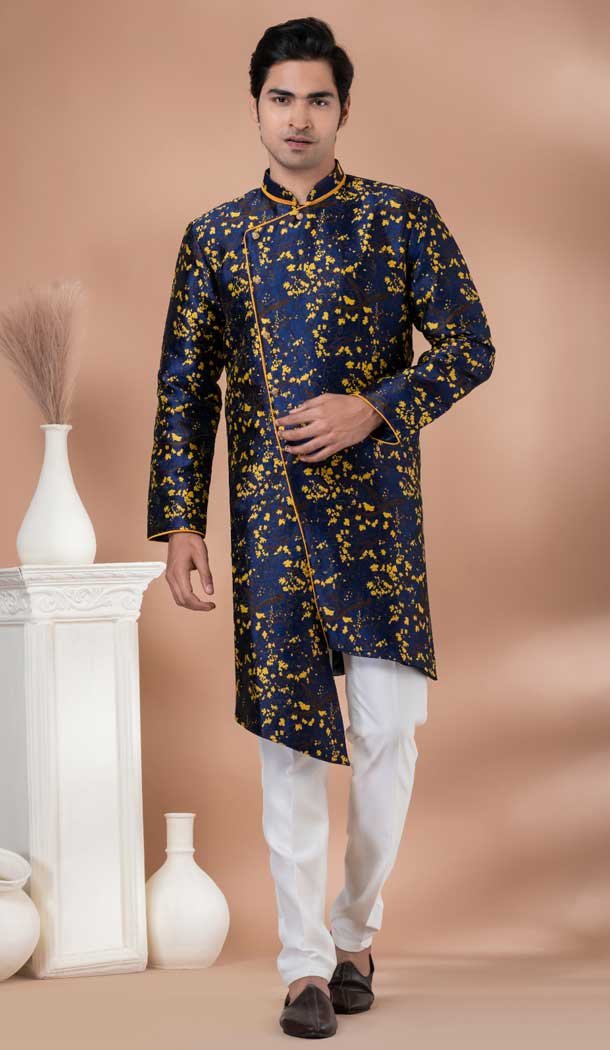 Jacquard Silk Designer Indo Western for Men in Blue Color -9131185833