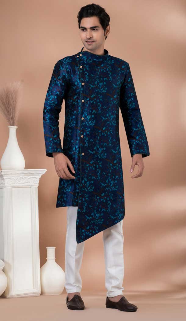 Navy Blue Jacquard Silk Designer Indo Western for Men -9131185834