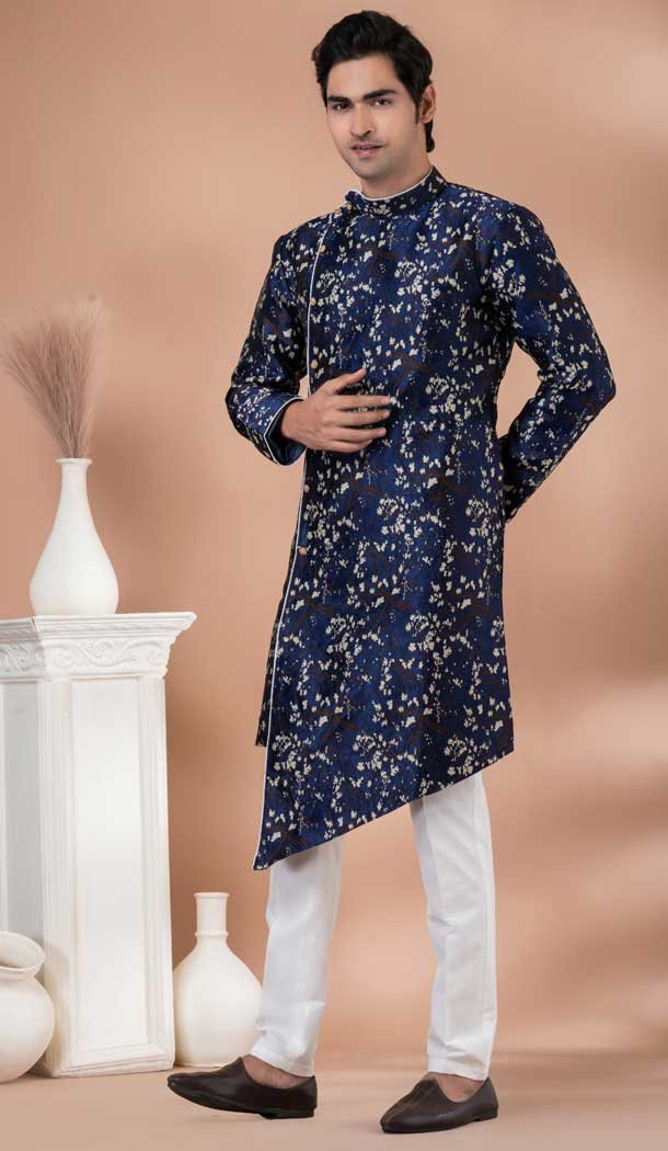 Blue Jacquard Silk Designer Indo Western for Men -9131185835