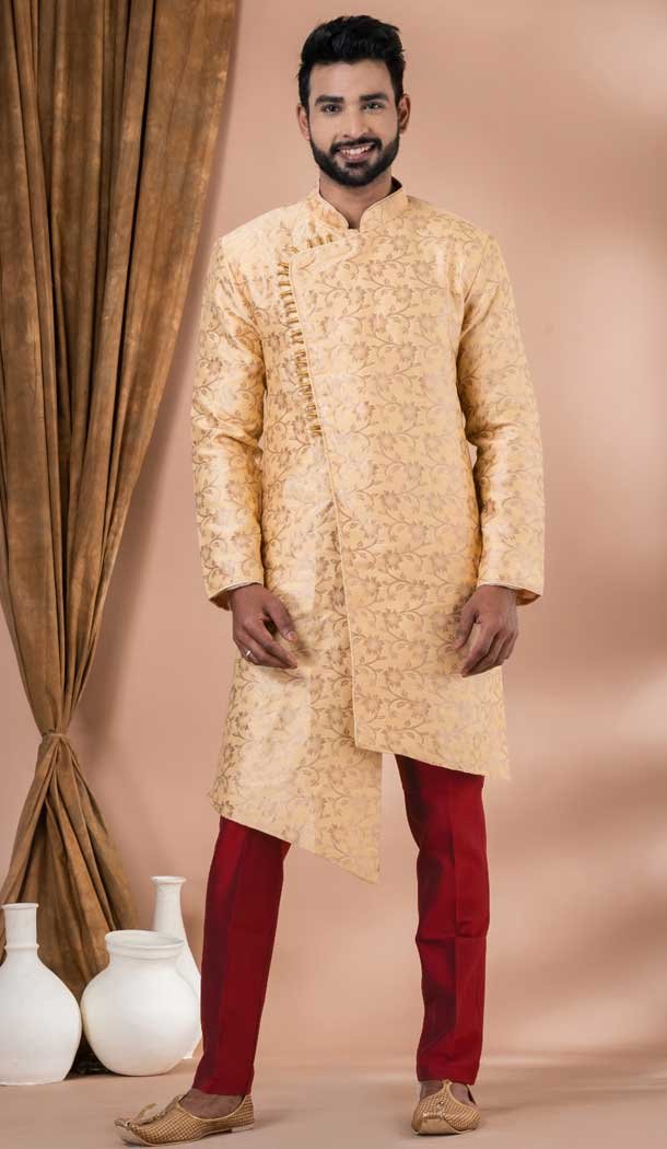 Jacquard Silk Designer Indo Western for Men in Cream Color -9131185836