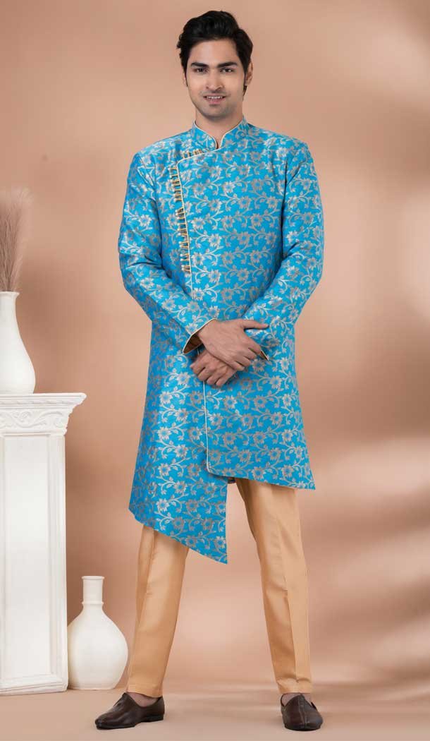 Jacquard Silk Designer Indo Western for Men in Sky Blue Color -9131185837