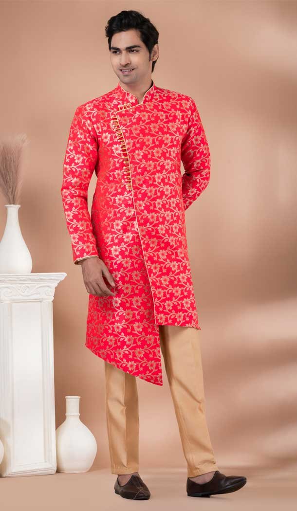 Jacquard Silk Designer Indo Western for Men in Red Color -9131185838