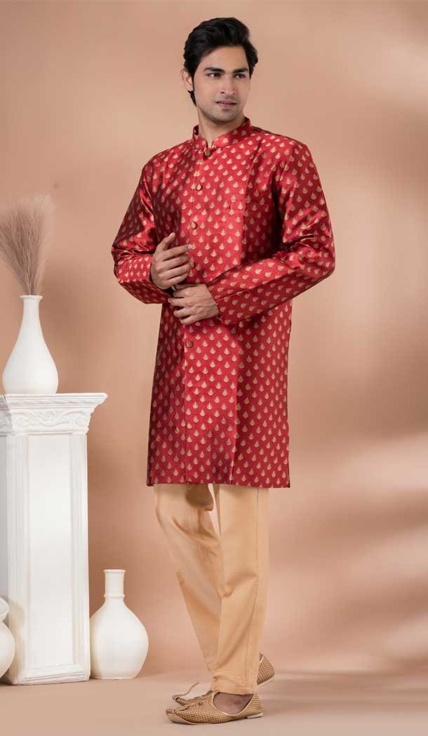 Red Jacquard Silk Designer Indo Western for Men in Red Color -9131185839