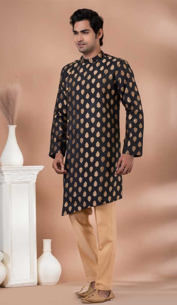 Jacquard Silk Designer Indo Western for Men in Black -9131185840