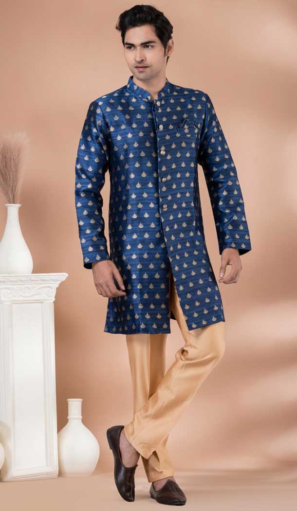 Jacquard Silk Designer Indo Western for Men in Royal Blue Color -9131185841