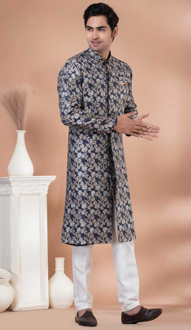 Royal Blue Jacquard Silk Designer Indo Western for Men -9131185842