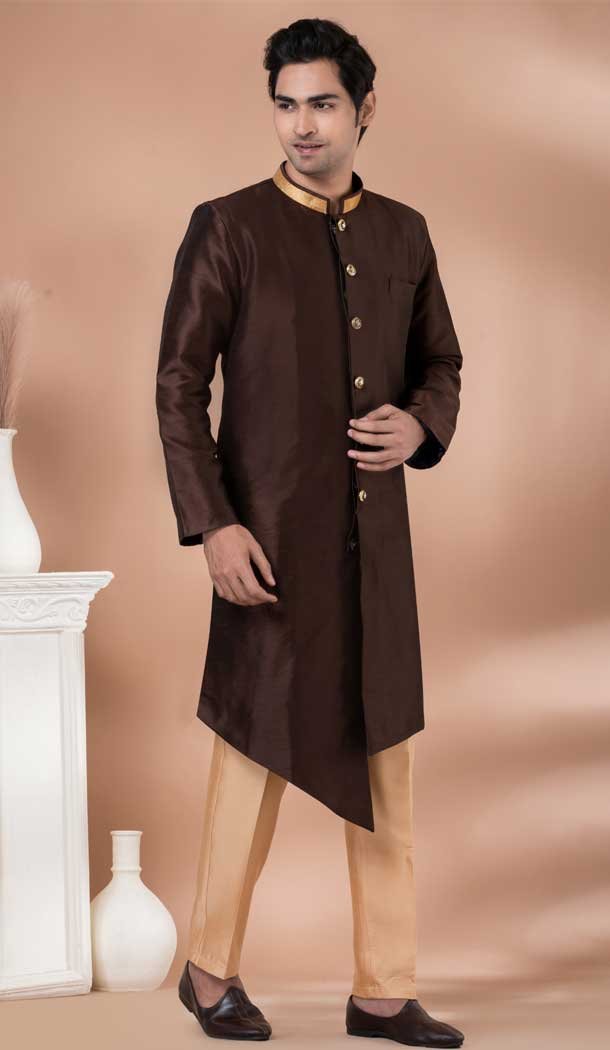 Jacquard Silk Designer Indo Western for Men in Coffee Color -9131185845