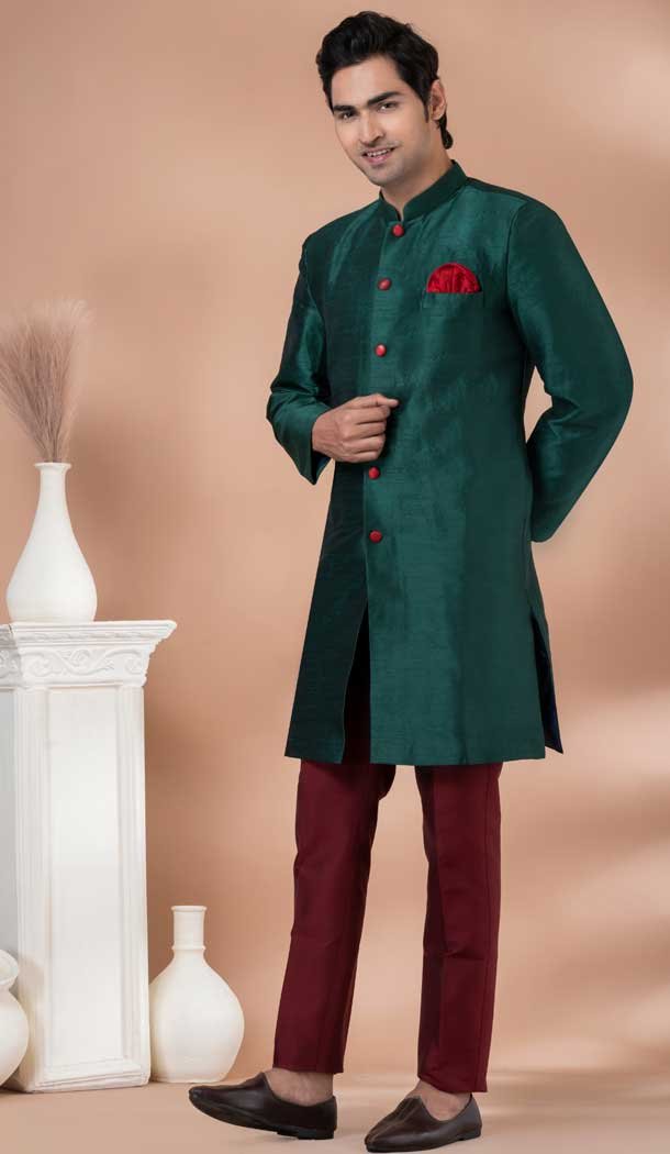 Dhupion Silk Designer Indo Western for Men in Rama Green Color -9131185846