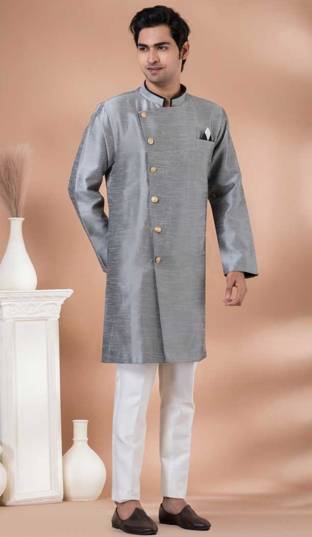 Dhupion Silk Designer Indo Western for Men in Grey Color -9131185847