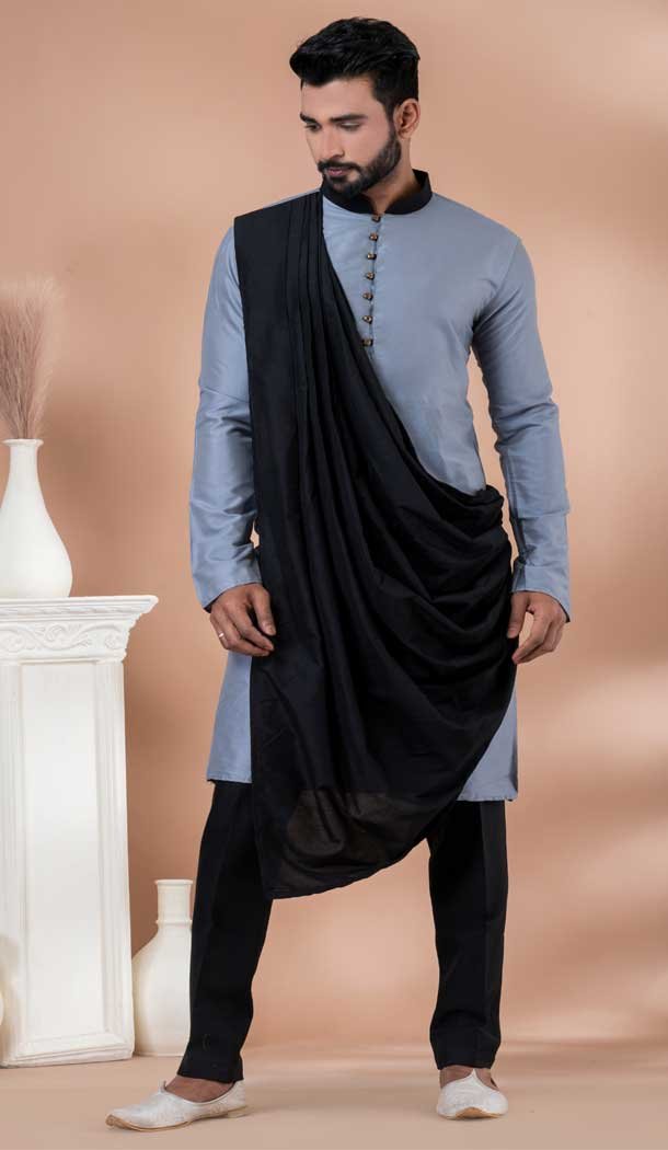 Viscose Designer Wear Kurta Pajama for Men in Grey Color -9132185849