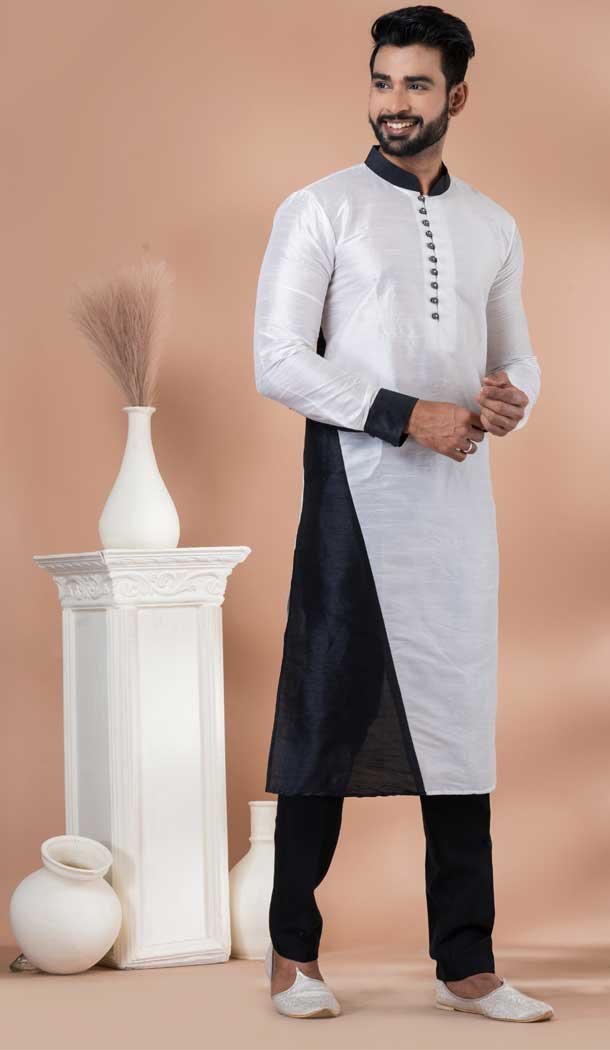 Dhupion Silk Designer Wear Kurta Pajama for Men in White Color -9132185850