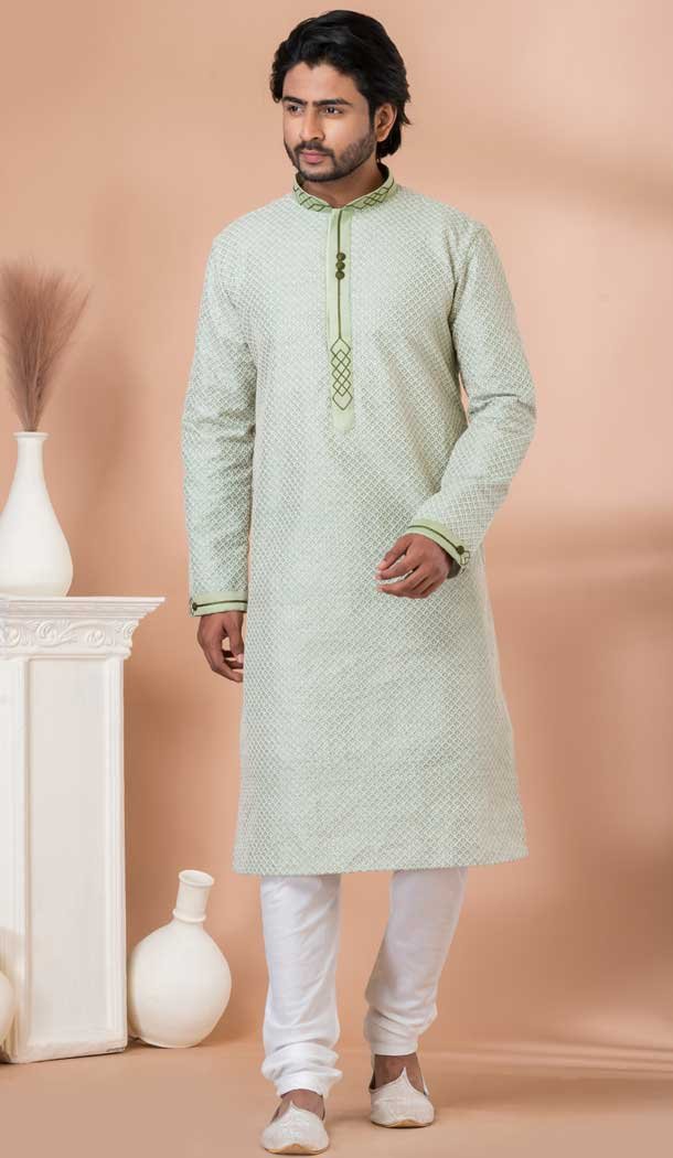 Dhupion Silk Designer Wear Kurta Pajama for Men in Mint Green Color -9132185852