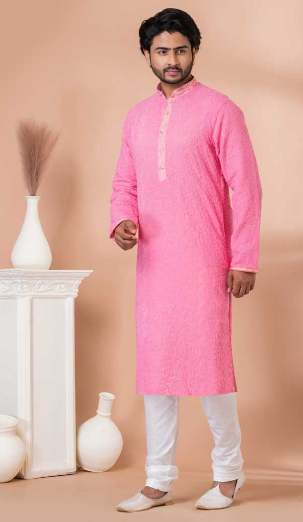 Dhupion Silk Designer Wear Kurta Pajama for Men in Pink Color -9132185853