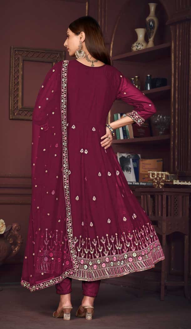 Georgette Embroidery Work Anarkali Style Salwar Suit in Dark Pink -9176186136