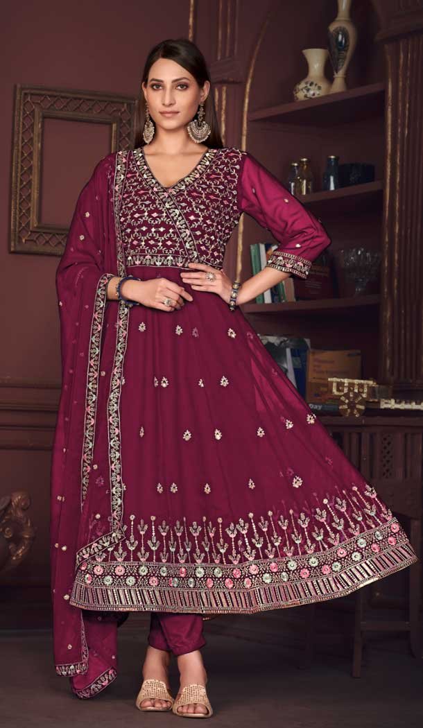 Georgette Embroidery Work Anarkali Style Salwar Suit in Dark Pink -9176186136