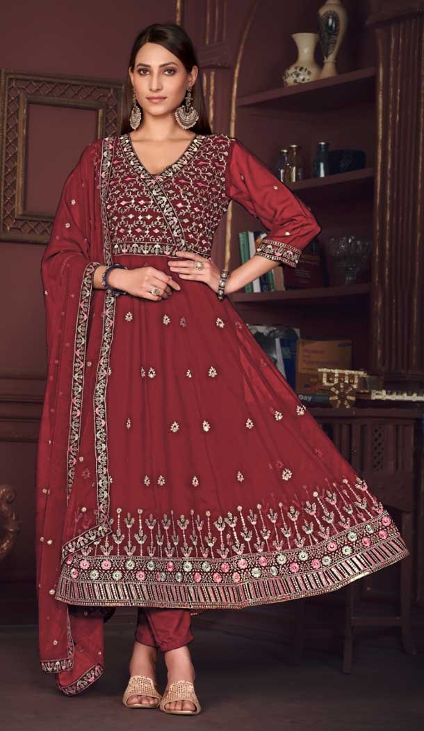 Georgette Embroidery Work Anarkali Style Salwar Suit in Maroon -9176186137