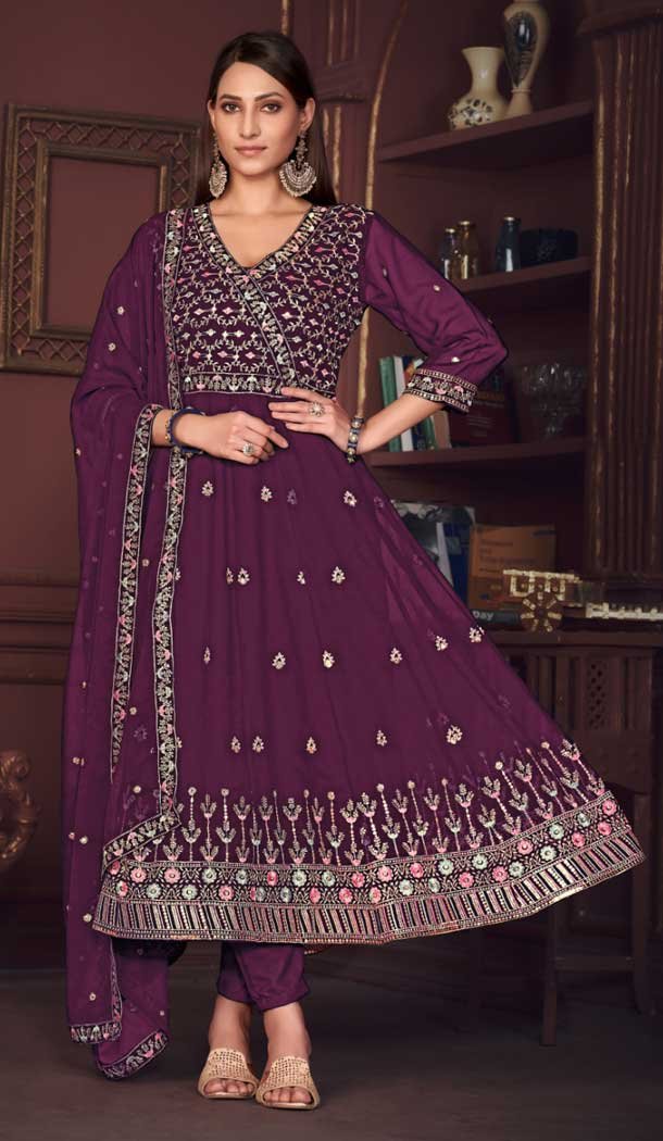 Georgette Embroidery Work Anarkali Style Salwar Suit in Purple -9176186138