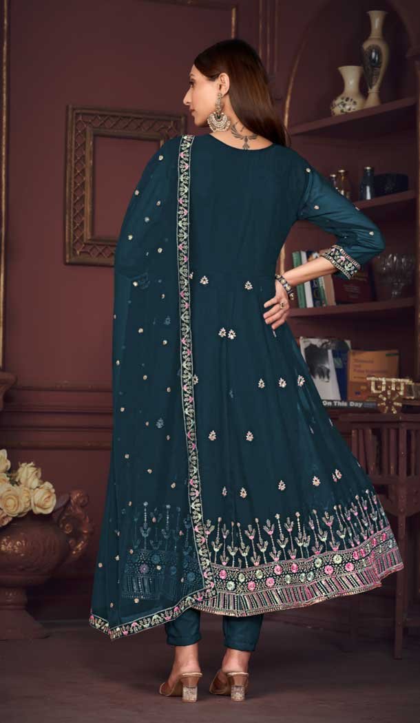 Georgette Embroidery Work Anarkali Style Salwar Suit in Rama Blue -9176186139