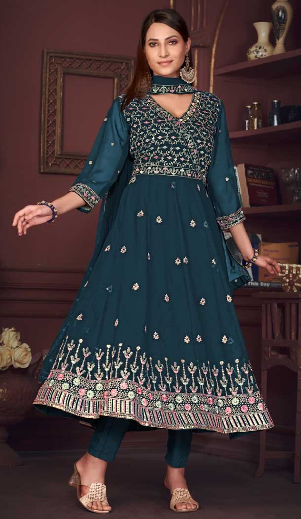 Georgette Embroidery Work Anarkali Style Salwar Suit in Rama Blue -9176186139