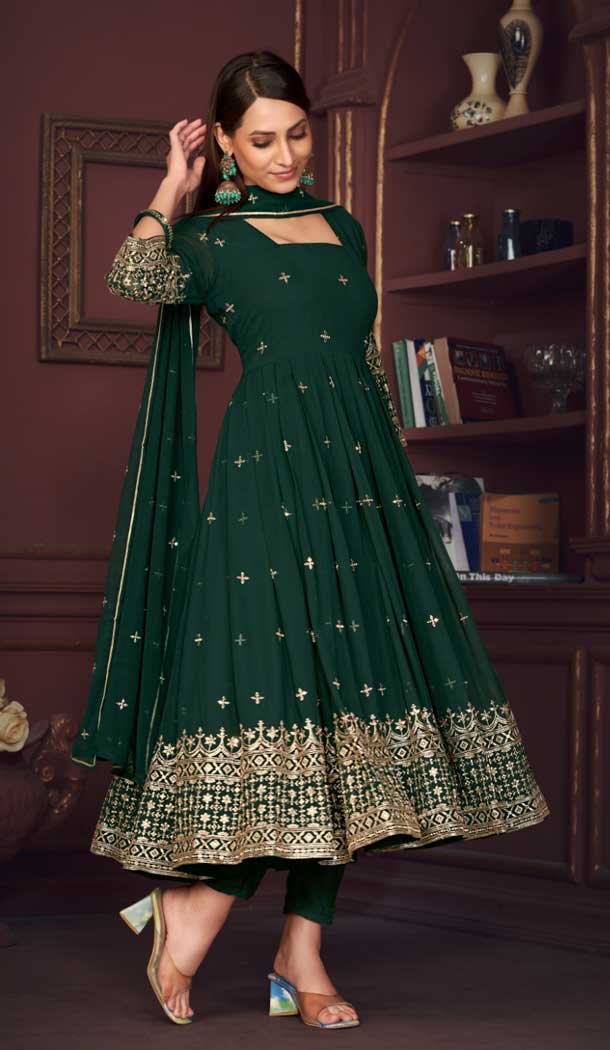 Embroidery Work Georgette Women Anarkali Suit in Green -9178186144