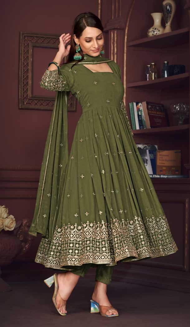 Embroidery Work Georgette Women Anarkali Suit in Mendi Green -9178186145