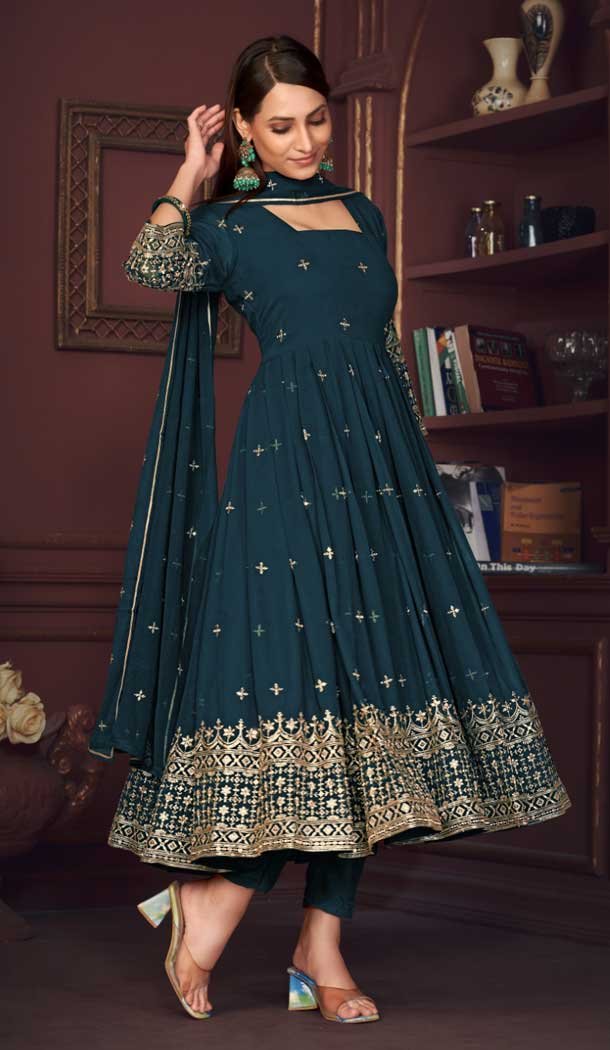 Embroidery Work Georgette Women Anarkali Suit in Rama Blue -9178186147