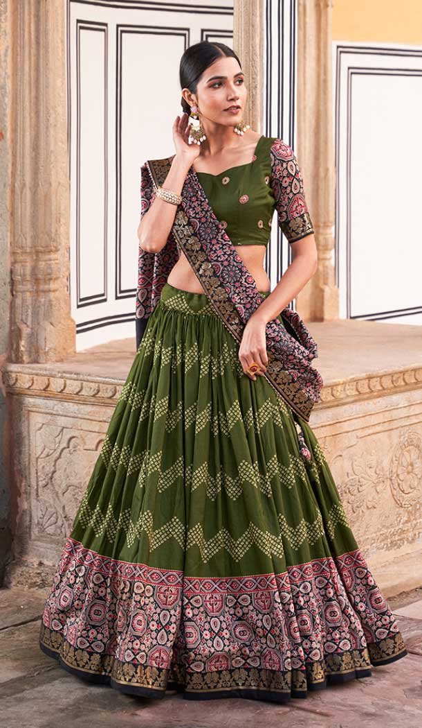 Digital Print Work Tussar Silk Navratri Chaniya Choli in Mehndi Green -9181186156