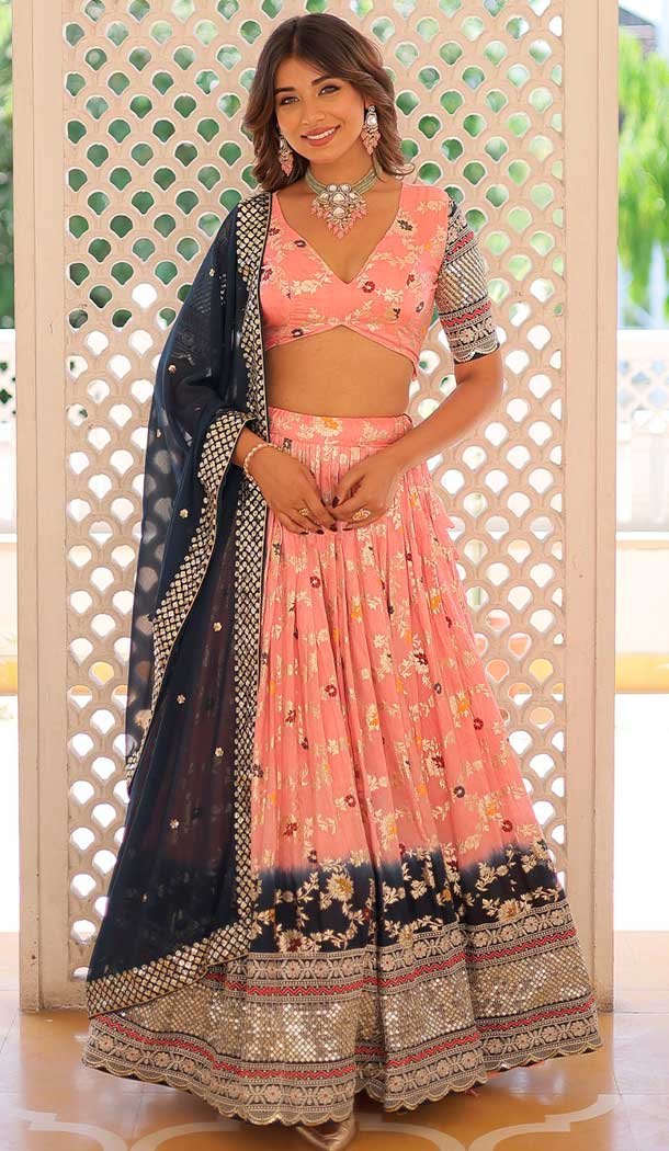 Viscose Jacquard Embroidery Work Navratri Wear Chaniya Choli in Peach -142577633