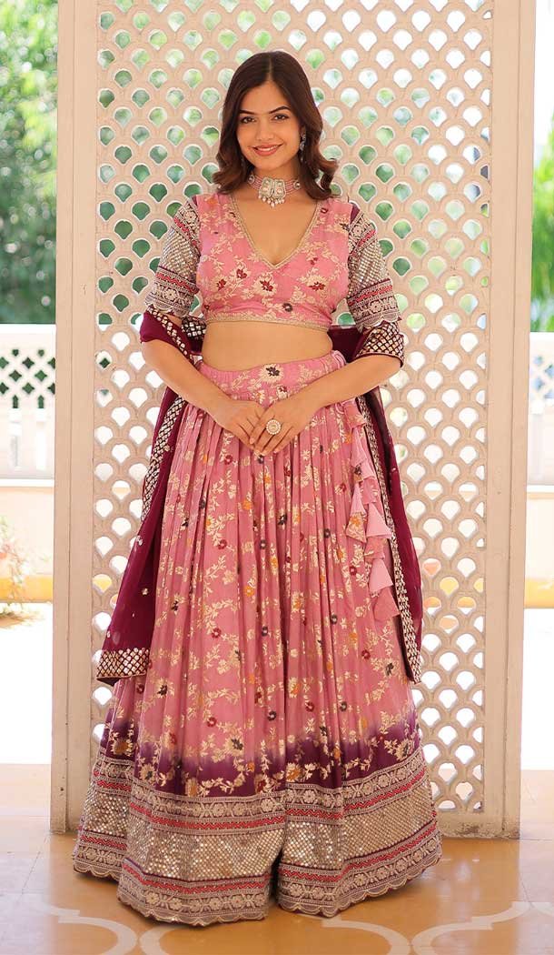 Viscose Jacquard Embroidery Work Navratri Wear Chaniya Choli in Pink -142577634