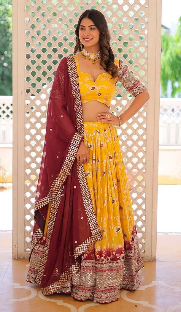 Viscose Jacquard Embroidery Work Navratri Wear Chaniya Choli in Yellow -142577636